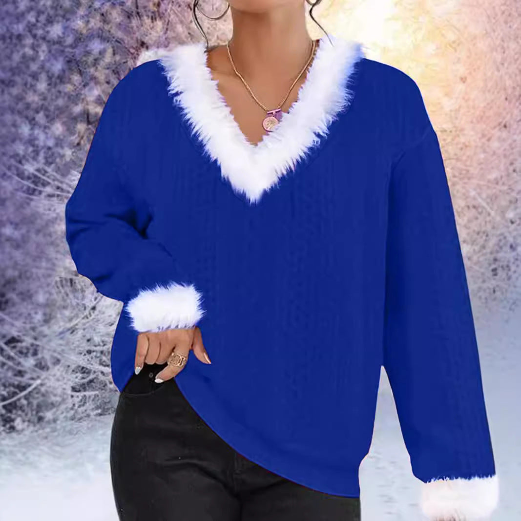 Sabina | Zimowy sweter z puszystą lamówką przy dekolcie V